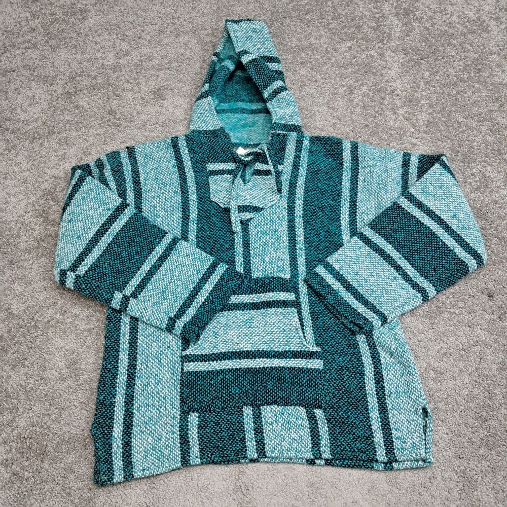 Artesanias Cuamatzi Teal White Striped Baja Hoodie Mexican Jerga Pullover Size M